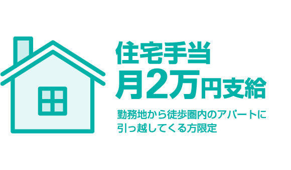 勤務地の近くに引っ越してくる方には、月2万円の住宅手当を支給